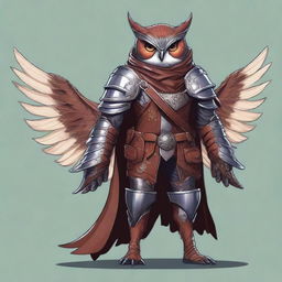 A detailed illustration of an Owlin rogue with wings, dressed in leather armor