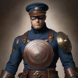 Captain America reimagined in steampunk fashion, wearing a uniform tailored from the Victorian era, supplemented with a mechanically enhanced brass shield with intricate gearwork.