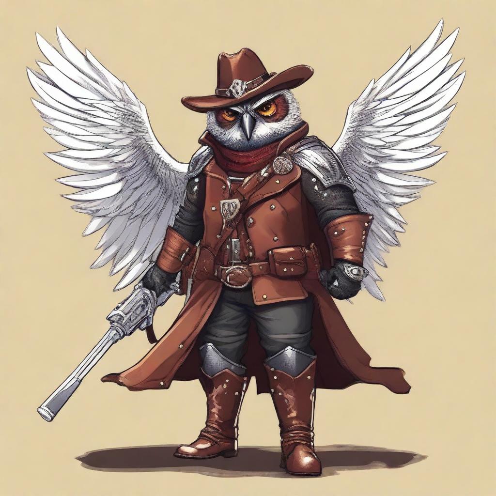 A detailed illustration of an Owlin rogue with wings, dressed in leather armor, holding a lever action rifle, and wearing a cowboy hat