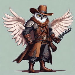 A detailed illustration of an Owlin rogue with wings, dressed in leather armor, holding a lever action rifle, and wearing a cowboy hat