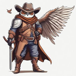 A detailed illustration of an Owlin rogue with wings, dressed in leather armor, holding a lever action rifle, and wearing a cowboy hat