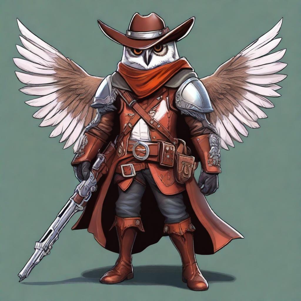 A detailed illustration of an Owlin rogue with wings, dressed in leather armor, holding a lever action rifle, and wearing a cowboy hat