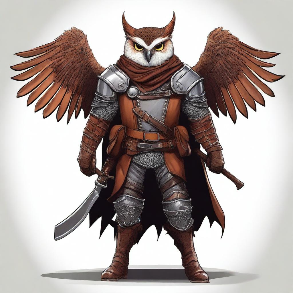 A detailed illustration of an Owlin rogue with wings, dressed in leather armor, holding a lever action rifle