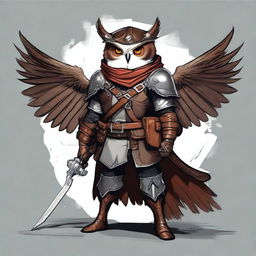 A detailed illustration of an Owlin rogue with wings, dressed in leather armor, holding a lever action rifle