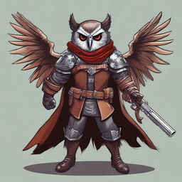 A detailed illustration of an Owlin rogue with wings, dressed in leather armor, holding a lever action rifle