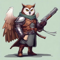 A detailed illustration of an Owlin rogue with wings, dressed in leather armor, holding a lever action rifle