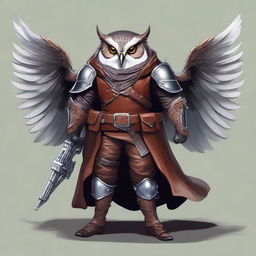 A detailed illustration of an Owlin rogue with wings, dressed in leather armor, holding a lever action rifle, and showcasing sharp talons