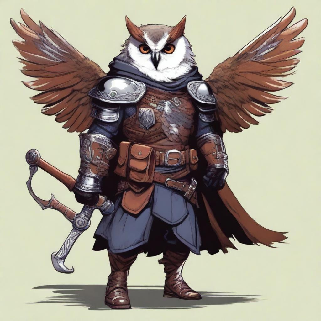 A detailed illustration of an Owlin rogue with wings, dressed in leather armor, holding a lever action rifle, and showcasing sharp talons