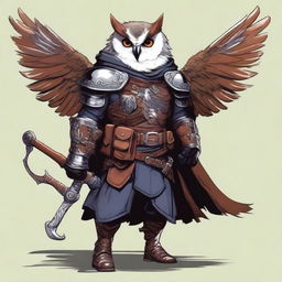 A detailed illustration of an Owlin rogue with wings, dressed in leather armor, holding a lever action rifle, and showcasing sharp talons