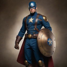 Captain America reimagined in steampunk fashion, wearing a uniform tailored from the Victorian era, supplemented with a mechanically enhanced brass shield with intricate gearwork.