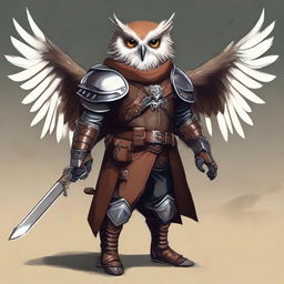 A detailed illustration of an Owlin rogue with wings, dressed in leather armor, holding a lever action rifle, and showcasing sharp talons