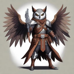 A detailed illustration of an Owlin rogue with wings, dressed in leather armor, holding a lever action rifle, and showcasing sharp talons