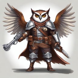 A detailed illustration of an Owlin rogue with wings, dressed in leather armor, holding a lever action rifle, and showcasing sharp talons