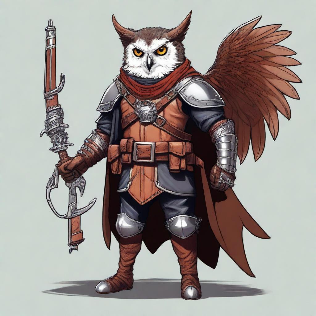 A detailed illustration of an Owlin rogue with wings, dressed in leather armor, holding a lever action rifle, and showcasing sharp talons