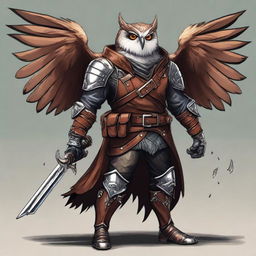 A detailed illustration of an Owlin rogue with wings, dressed in leather armor, holding a lever action rifle, and showcasing sharp talons