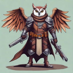 A detailed illustration of an Owlin rogue with wings, dressed in leather armor, holding a lever action rifle, and showcasing sharp talons