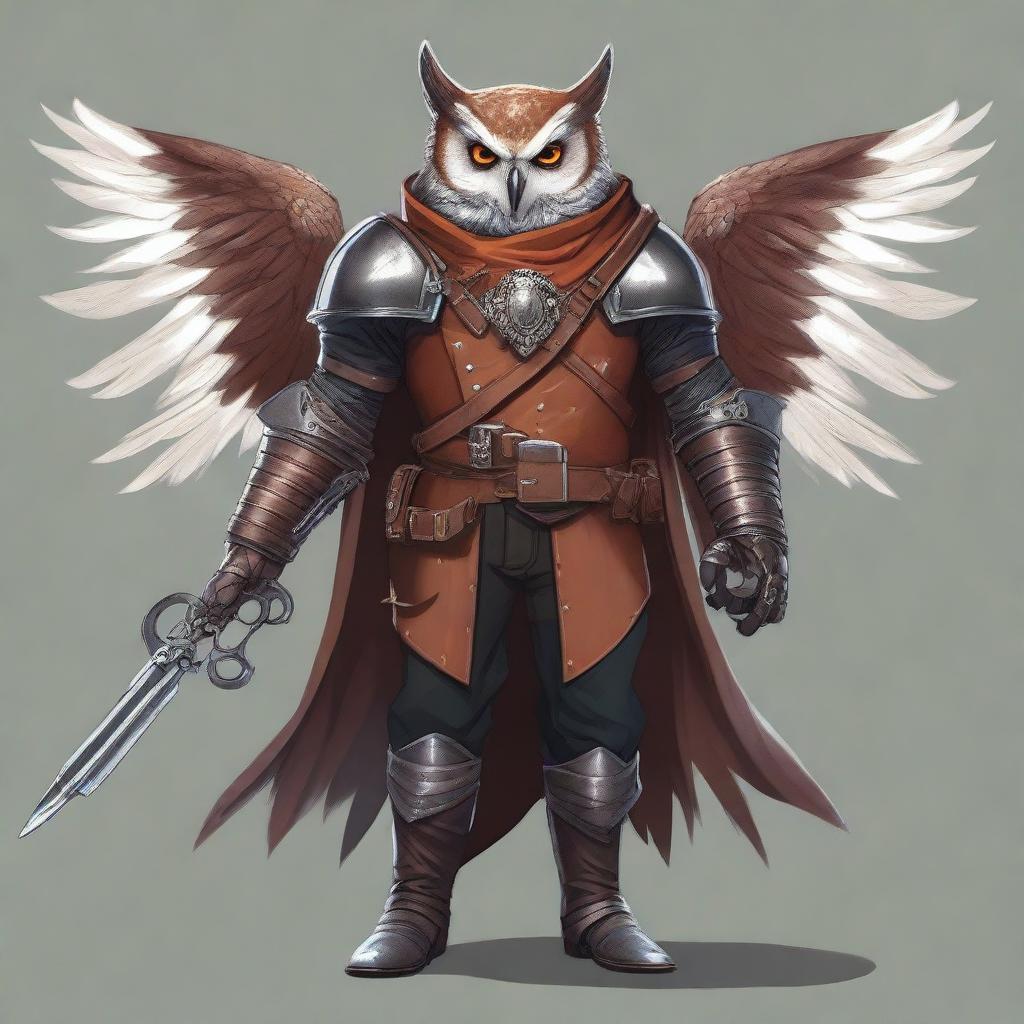 A detailed illustration of an Owlin rogue artificer with wings, dressed in leather armor, holding a lever action rifle, and showcasing sharp talons