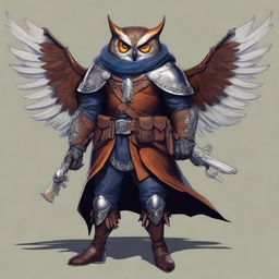 A detailed illustration of an Owlin rogue artificer with wings, dressed in leather armor, holding a lever action rifle, and showcasing sharp talons