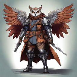 A detailed illustration of an Owlin rogue artificer with wings, dressed in leather armor, holding a lever action rifle, and showcasing sharp talons