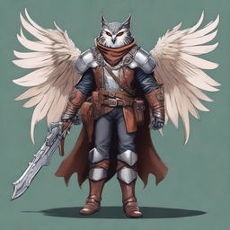 A detailed illustration of an Owlin rogue artificer with wings, dressed in leather armor, holding a lever action rifle, and showcasing sharp talons