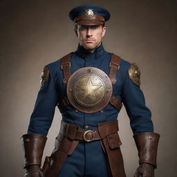 Captain America reimagined in steampunk fashion, wearing a uniform tailored from the Victorian era, supplemented with a mechanically enhanced brass shield with intricate gearwork.