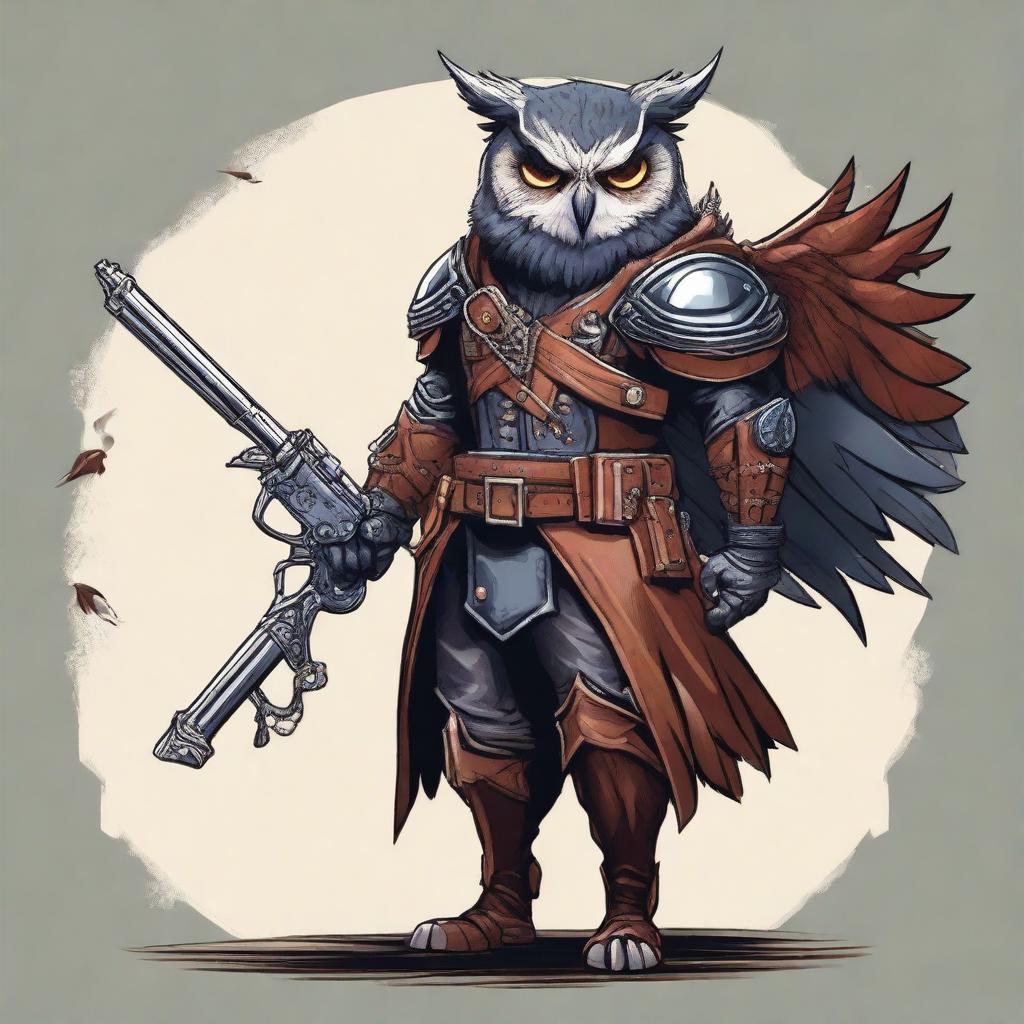 A detailed illustration of an Owlin rogue with wings, dressed in leather armor, holding a lever action rifle, and showcasing sharp talons