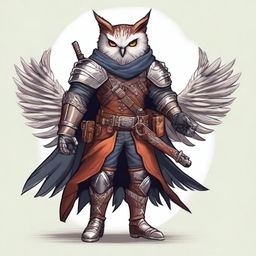 A detailed illustration of an Owlin rogue with wings, dressed in leather armor, holding a lever action rifle, and showcasing sharp talons