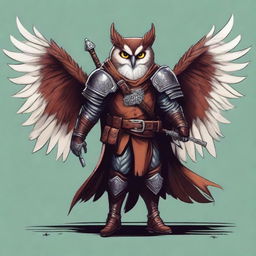 A detailed illustration of an Owlin rogue with wings, dressed in leather armor, holding a lever action rifle, and showcasing sharp talons