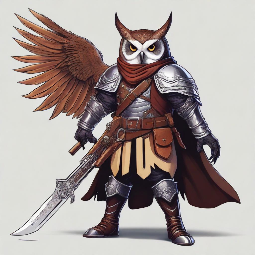 A detailed illustration of an Owlin rogue with wings, dressed in leather armor, holding a lever action rifle, and showcasing sharp talons