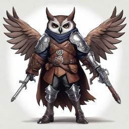 A detailed illustration of an Owlin rogue with wings, dressed in leather armor, holding a lever action rifle, and showcasing sharp talons