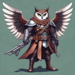 A detailed illustration of an Owlin rogue with wings, dressed in leather armor, holding a lever action rifle, and showcasing sharp talons