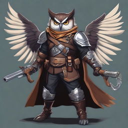 A detailed illustration of an Owlin rogue with wings, dressed in leather armor, holding a lever action rifle, and showcasing sharp talons