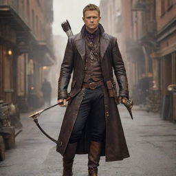 Hawkeye reinterpreted in a steampunk theme, donning Victorian-era clothing with leather accessories, while wielding a mechanical, intricate brass and copper bow with gear-infused arrows.