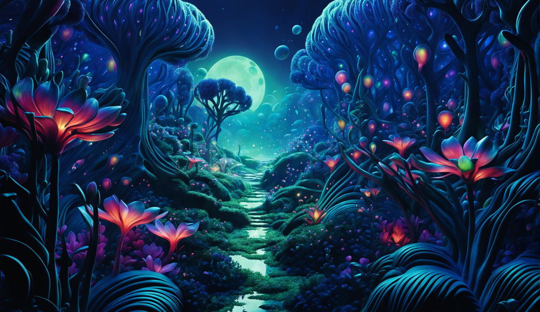 Create a hyper-realistic 3D cinema photograph of a beautiful alien forest with a flower aesthetic, vibrant colors, fantasy vibes, and perfect composition, featuring inane details and high definition