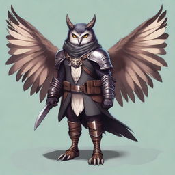 A detailed illustration of an Owlin rogue with wings and sharp talons