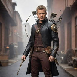 Hawkeye reinterpreted in a steampunk theme, donning Victorian-era clothing with leather accessories, while wielding a mechanical, intricate brass and copper bow with gear-infused arrows.