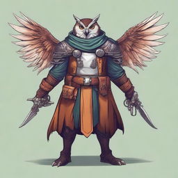 A detailed illustration of an Owlin rogue artificer with wings and sharp talons