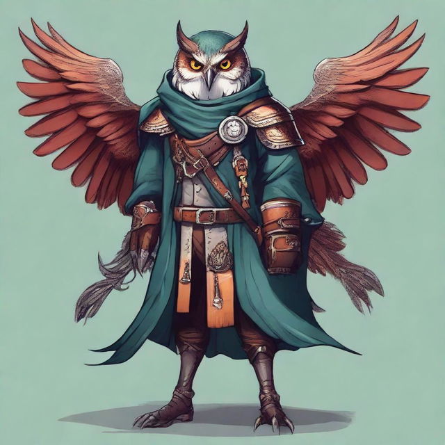 A detailed illustration of an Owlin rogue artificer with wings and sharp talons