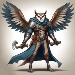 A detailed illustration of an Owlin rogue artificer with wings and sharp talons