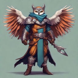 A detailed illustration of an Owlin rogue artificer with wings and sharp talons