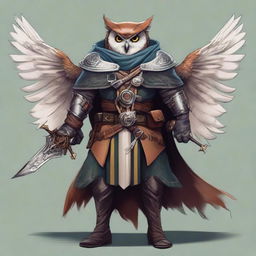 A detailed illustration of an Owlin rogue artificer with wings and sharp talons