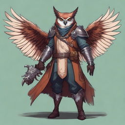 A detailed illustration of an Owlin rogue artificer with wings and sharp talons