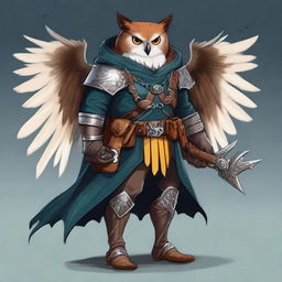 A detailed illustration of an Owlin rogue artificer with wings and sharp talons