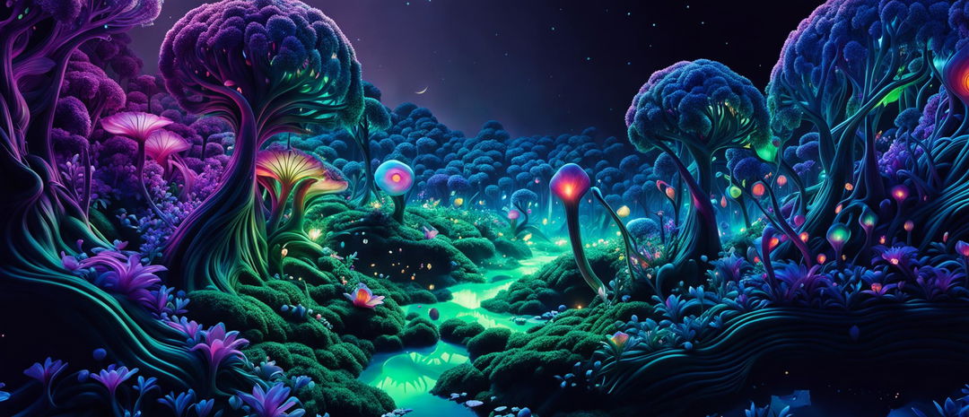 Create a hyper-realistic 3D cinema photograph of a beautiful alien forest with a flower aesthetic, vibrant colors, fantasy vibes, and perfect composition, featuring inane details and high definition