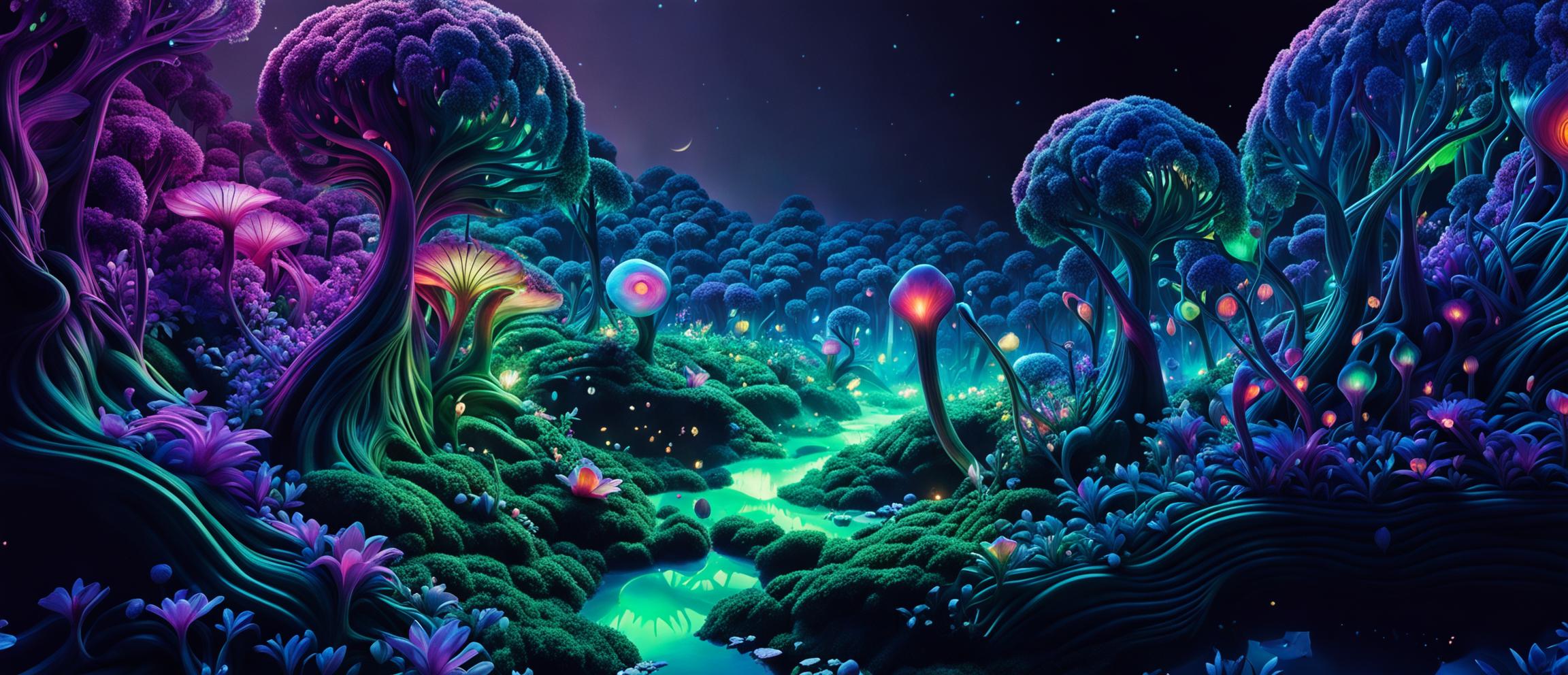 Create a hyper-realistic 3D cinema photograph of a beautiful alien forest with a flower aesthetic, vibrant colors, fantasy vibes, and perfect composition, featuring inane details and high definition