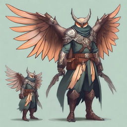 A detailed illustration of an Owlin rogue artificer with wings and sharp talons