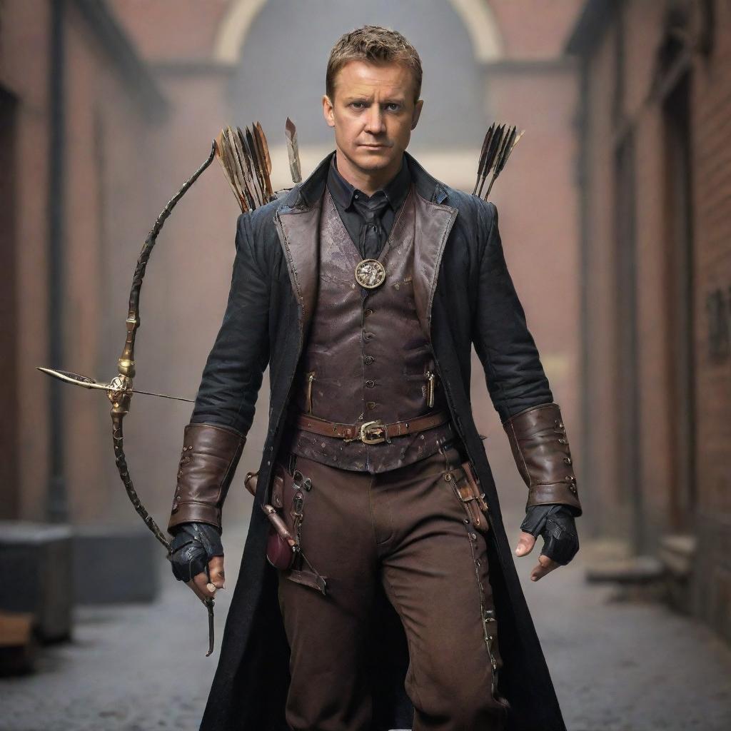 Hawkeye reinterpreted in a steampunk theme, donning Victorian-era clothing with leather accessories, while wielding a mechanical, intricate brass and copper bow with gear-infused arrows.