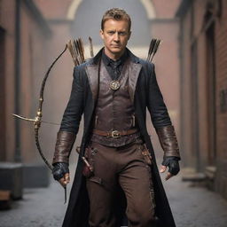 Hawkeye reinterpreted in a steampunk theme, donning Victorian-era clothing with leather accessories, while wielding a mechanical, intricate brass and copper bow with gear-infused arrows.