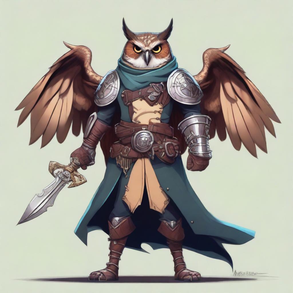 A detailed illustration of an Owlin rogue artificer with wings and sharp talons