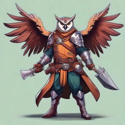 A detailed illustration of an Owlin rogue artificer with wings and sharp talons